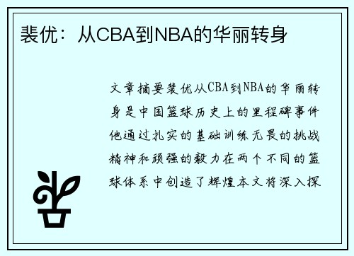 裴优：从CBA到NBA的华丽转身